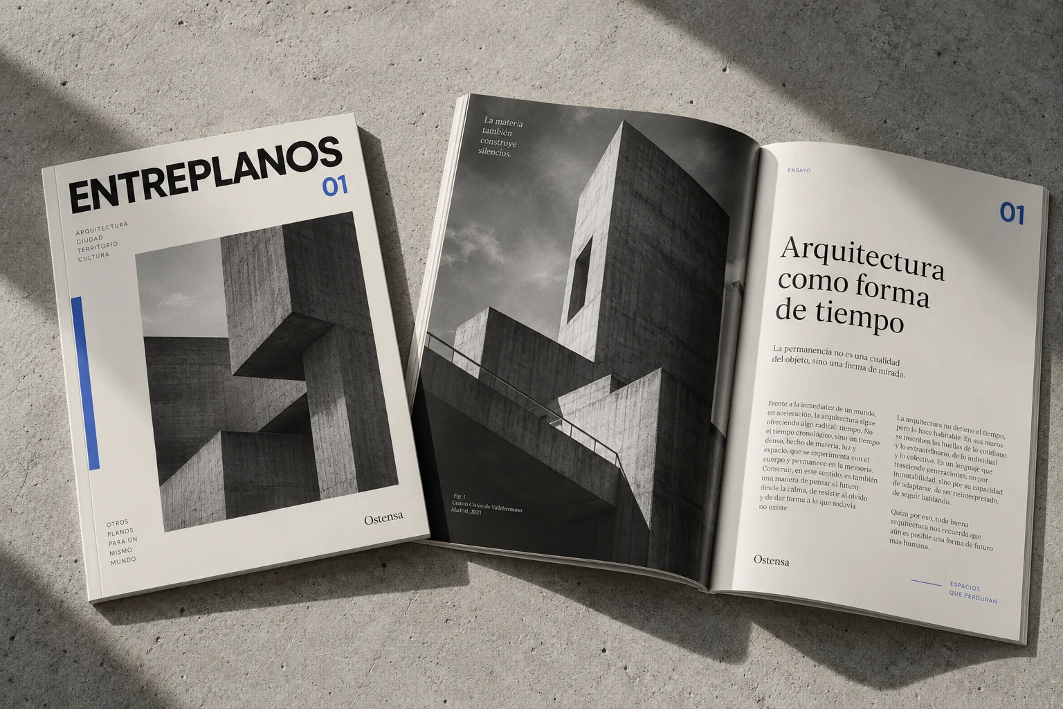 Entreplanos: tapa y doble página de una revista de arquitectura conceptual
