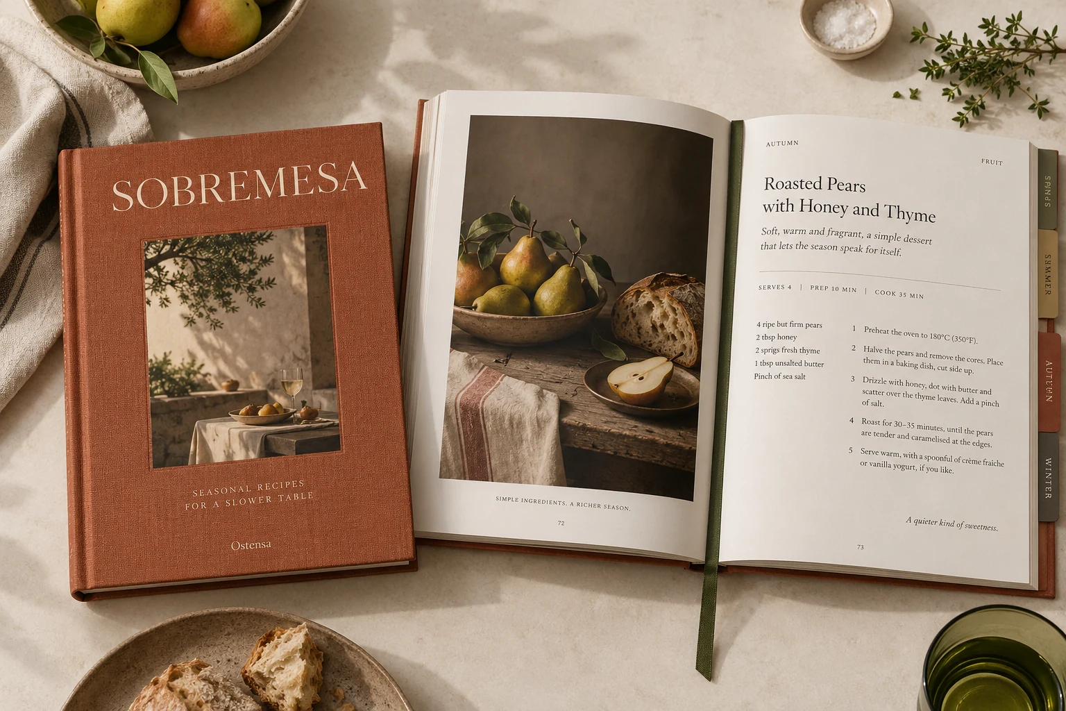 Sobremesa: tapa y páginas de un libro de cocina conceptual