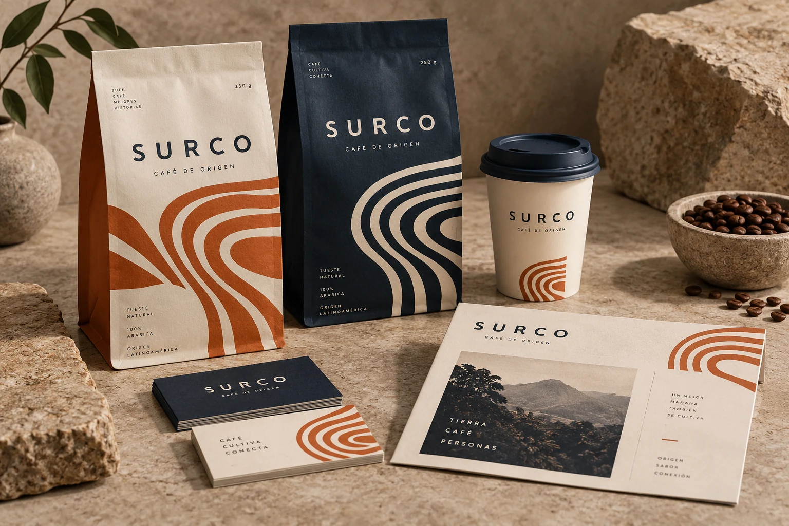 Surco: envases, vaso y papelería de una identidad conceptual de café