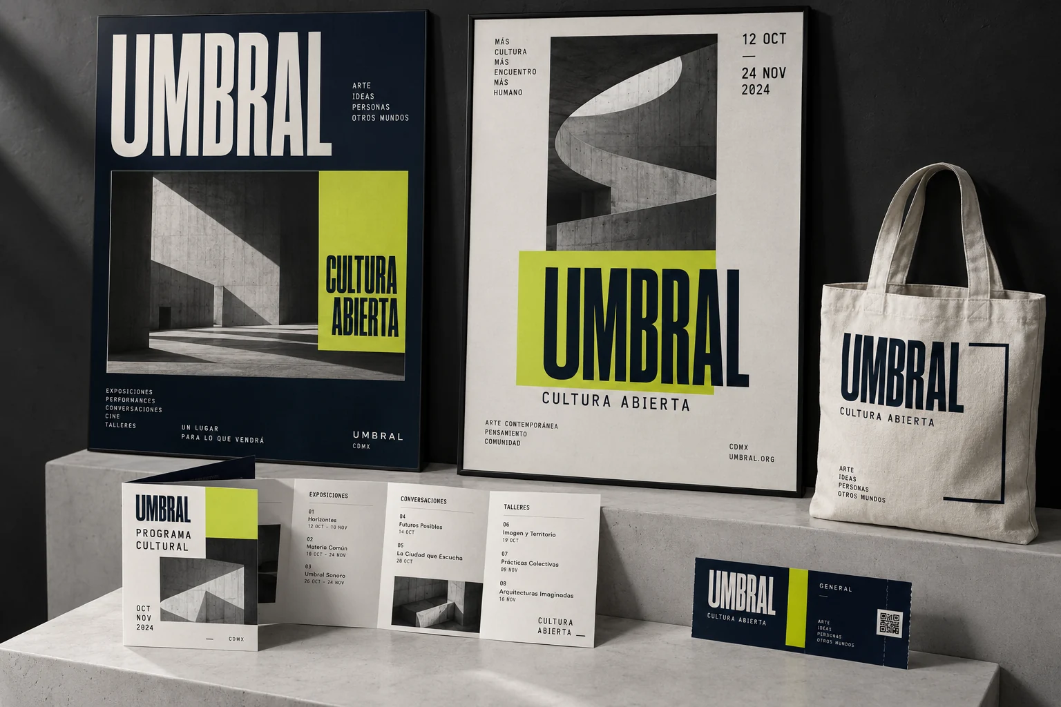 Umbral: afiches, programa y aplicaciones de identidad cultural