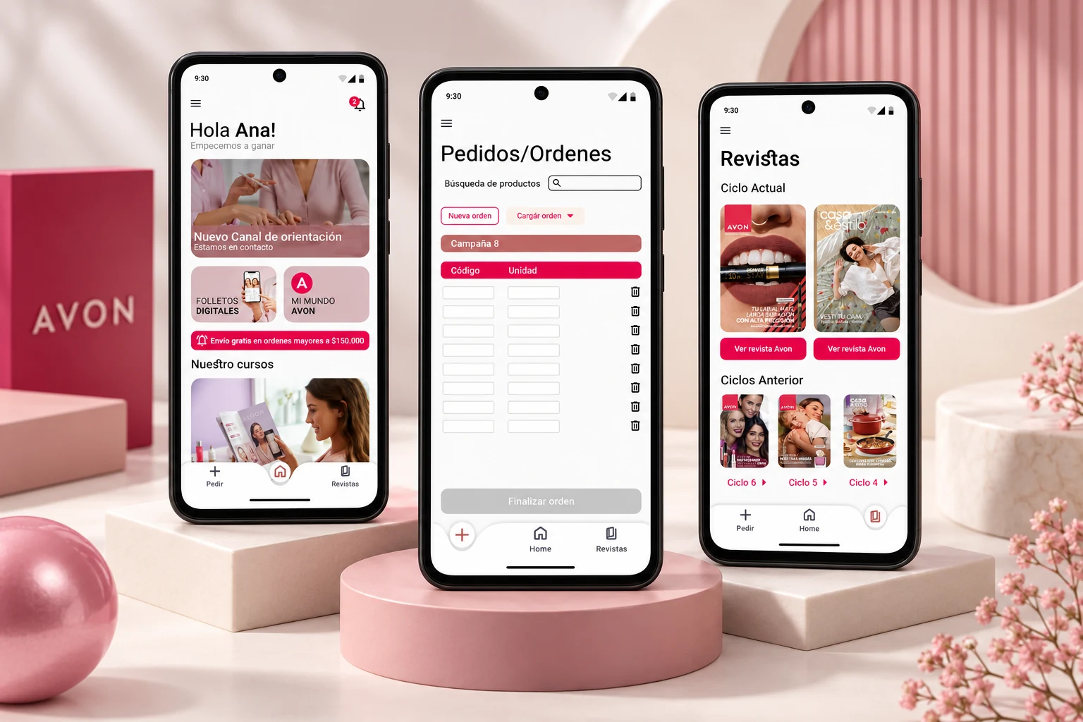 Mi espacio Avon: mockup con inicio, pedidos y revistas