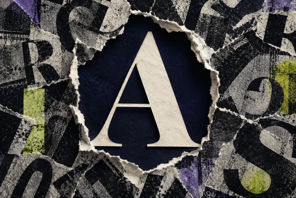 Una letra emerge entre capas de papel y ruido visual