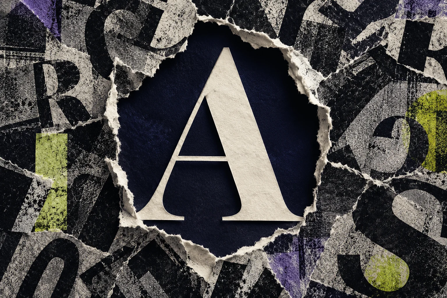 Una letra emerge entre capas de papel y ruido visual
