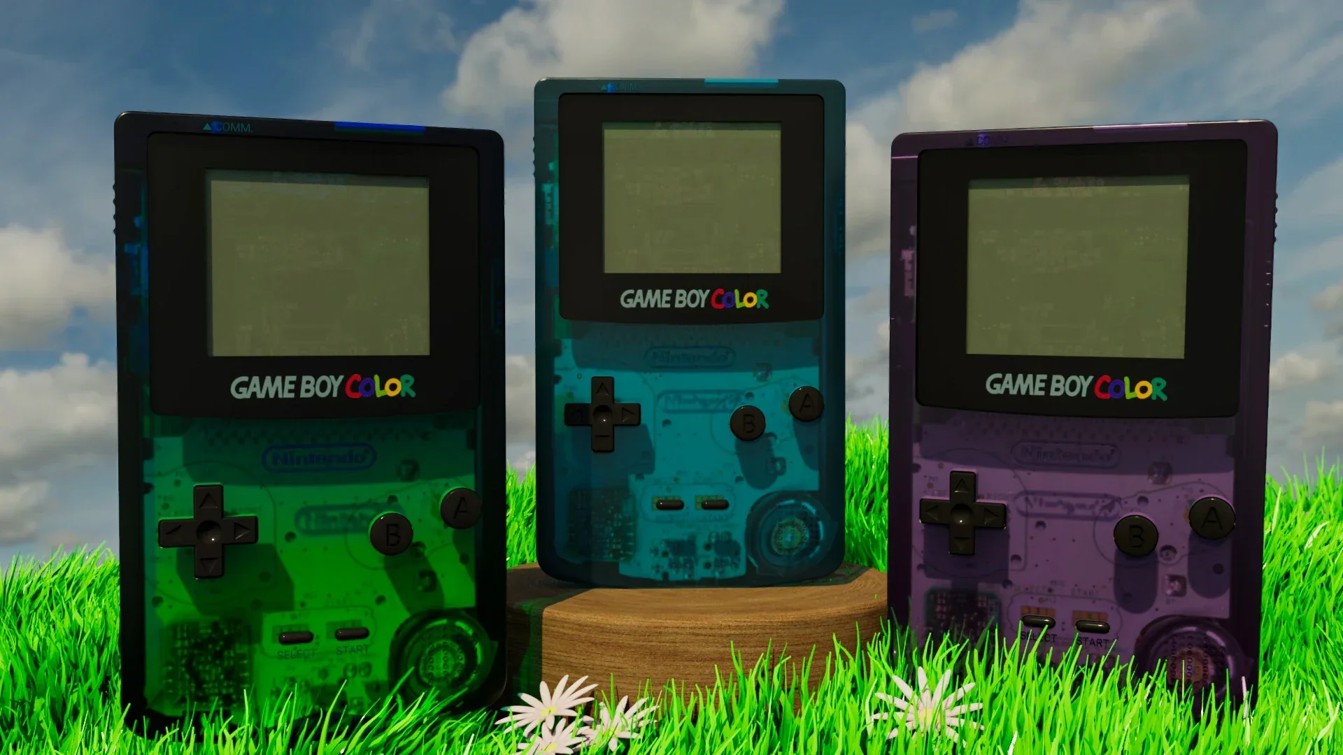 Vista frontal de tres consolas Game Boy Color en una escena exterior creada en 3D.