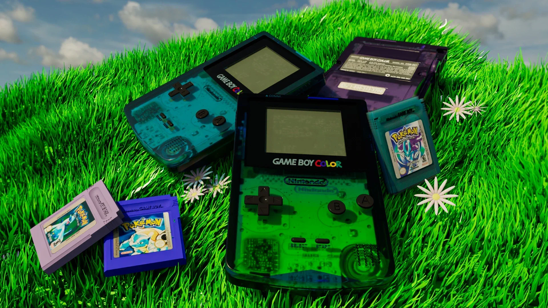 Composición cenital de consolas Game Boy Color verdes, turquesas y violetas con cartuchos.